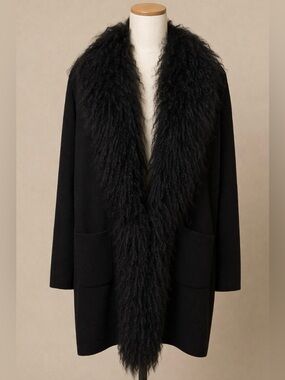 Alashan Black Merino Wool Cardigan Sweater with Lamb Fur Trim